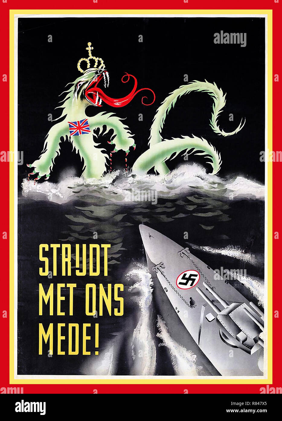 Vintage WW2 1940 affiche de propagande nazie pour la Hollande en néerlandais "lutte avec nous !" illustrant une croix gammée nazie moderne Battleship augmentant par les vagues vers un British Sea Devil avec couronne et Union Jack insignia Banque D'Images