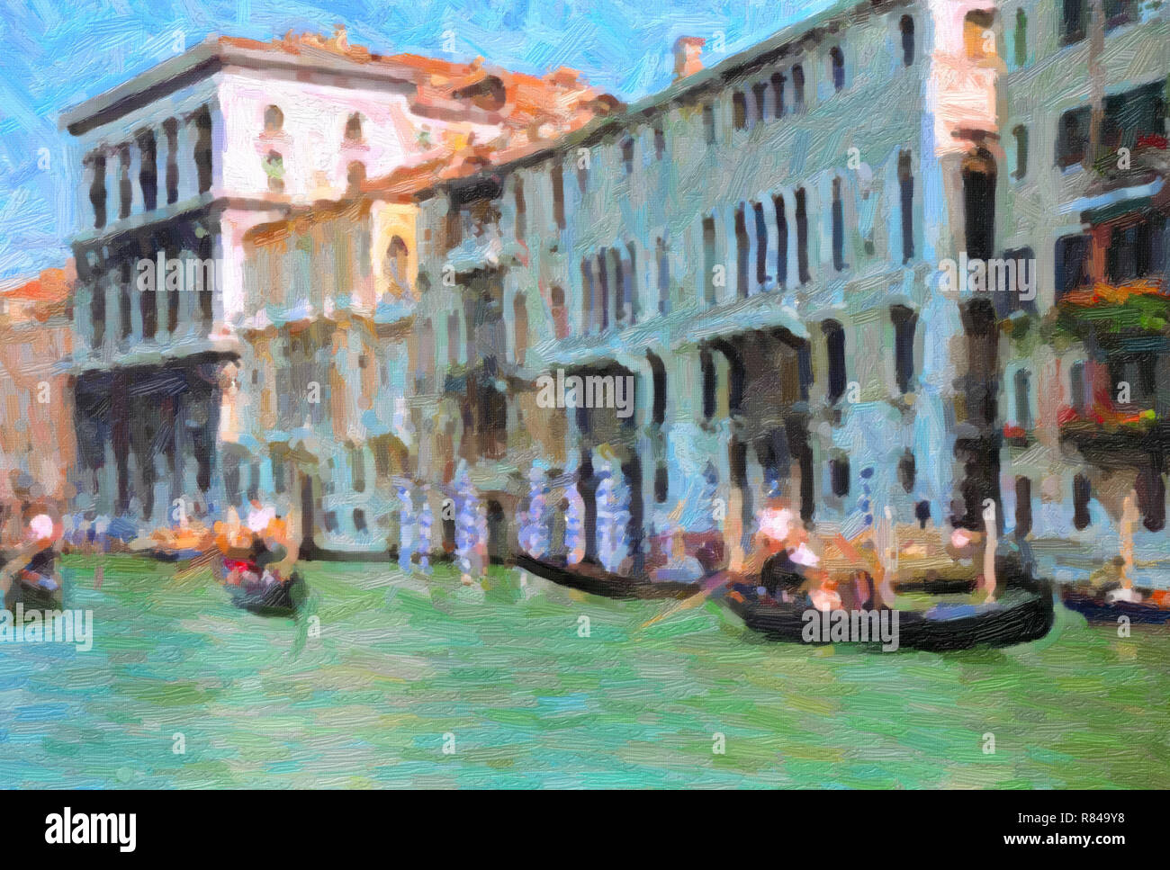 Effet peinture à l'huile numérique gondoles sur le canal avec ses palais derrière, Venise, Italie Banque D'Images