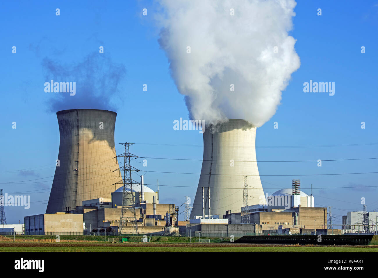 Tours de refroidissement de la centrale nucléaire de Doel / centrale nucléaire dans le port d'Anvers, Flandre orientale, Belgique Banque D'Images Tours de refroidissement de la centrale nucléaire de Doel / centrale nucléaire dans le port d'Anvers, Flandre orientale, Belgique Banque D'Images
