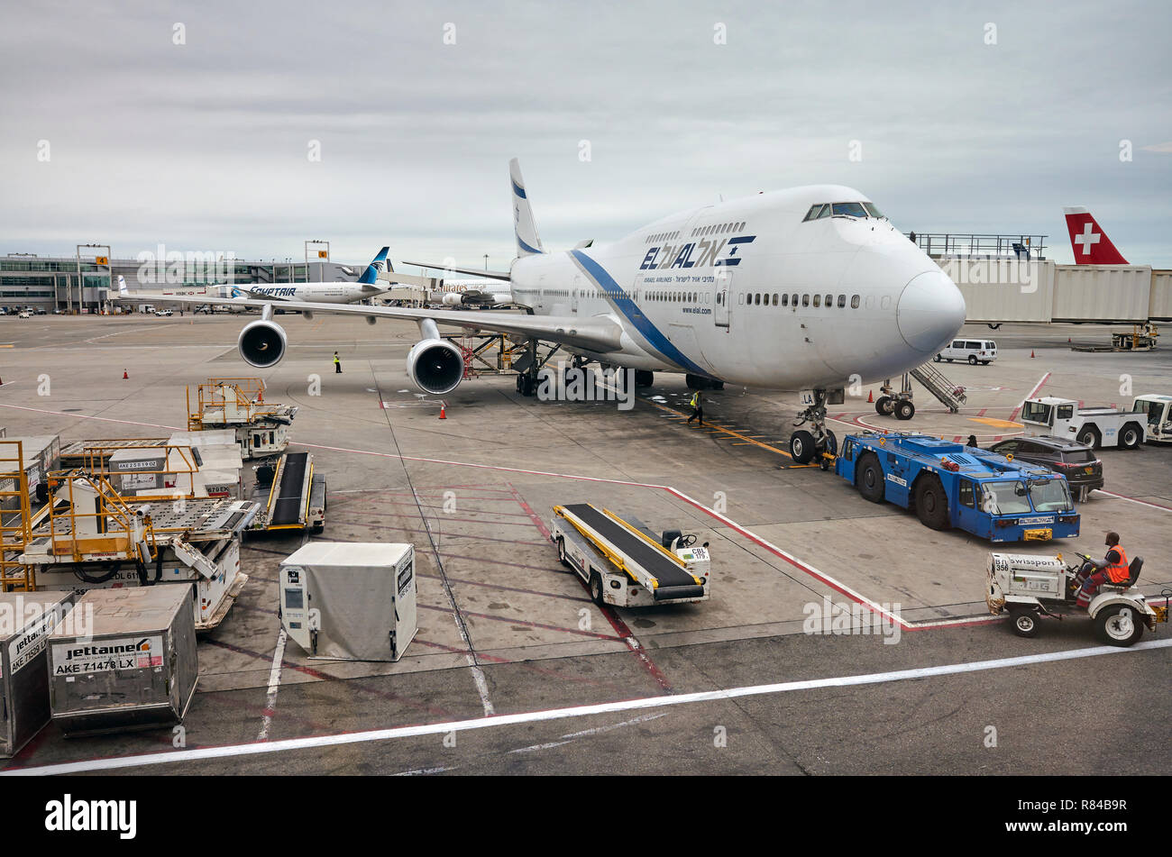 New York, USA - 27 juin 2018 : El Al Israel Airlines Boeing 747 à l'aéroport international John F. Kennedy. Banque D'Images