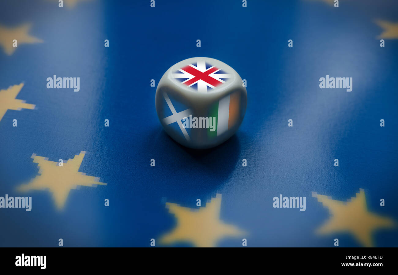 L'Union européenne. Sur les trois faces visibles du dé, nous voyons trois drapeaux : Royaume-Uni, Ecosse, Irlande. Banque D'Images