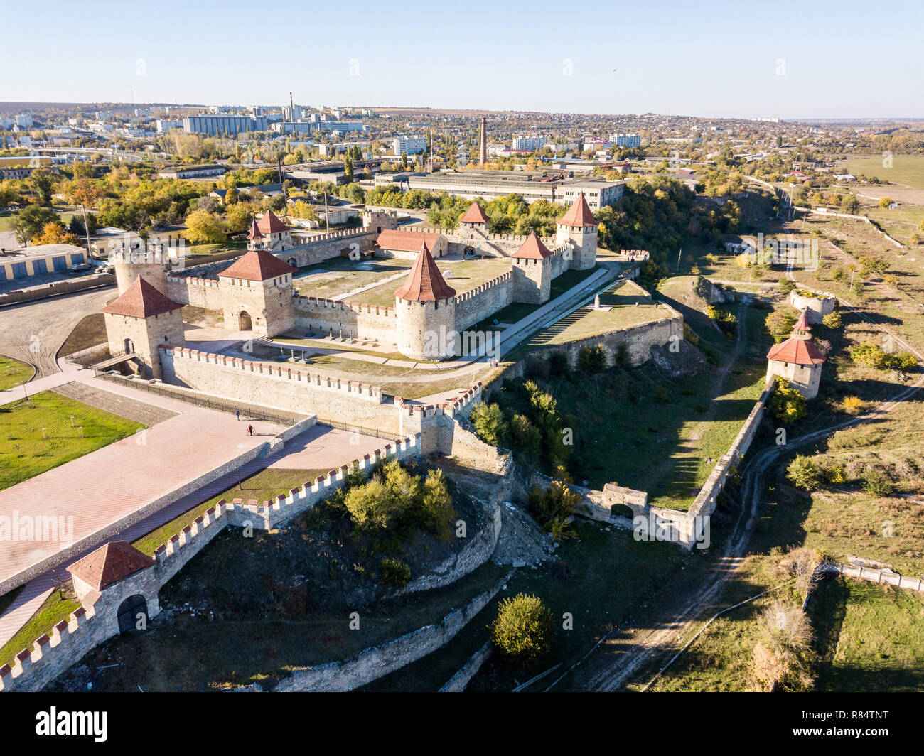 Vue aérienne de Bendery Bender (Tighina) ; forteresse ottomane, Pridnestrovian non reconnus (République moldave de Transnistrie, PMR), la Moldova. Transdniestrie Banque D'Images