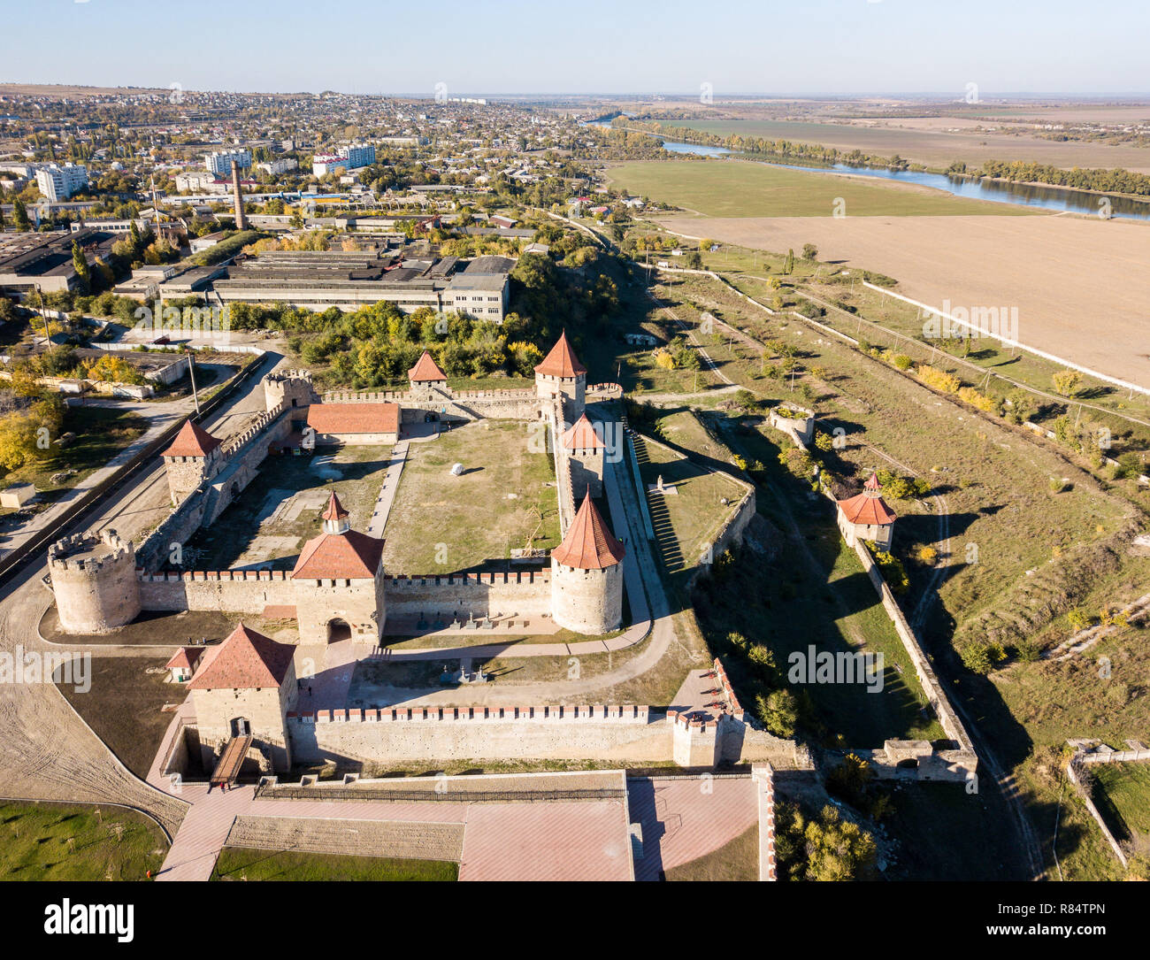 Vue aérienne de Bendery Bender (Tighina) ; forteresse ottomane, Pridnestrovian non reconnus (République moldave de Transnistrie, PMR), la Moldova. Transdniestrie Banque D'Images