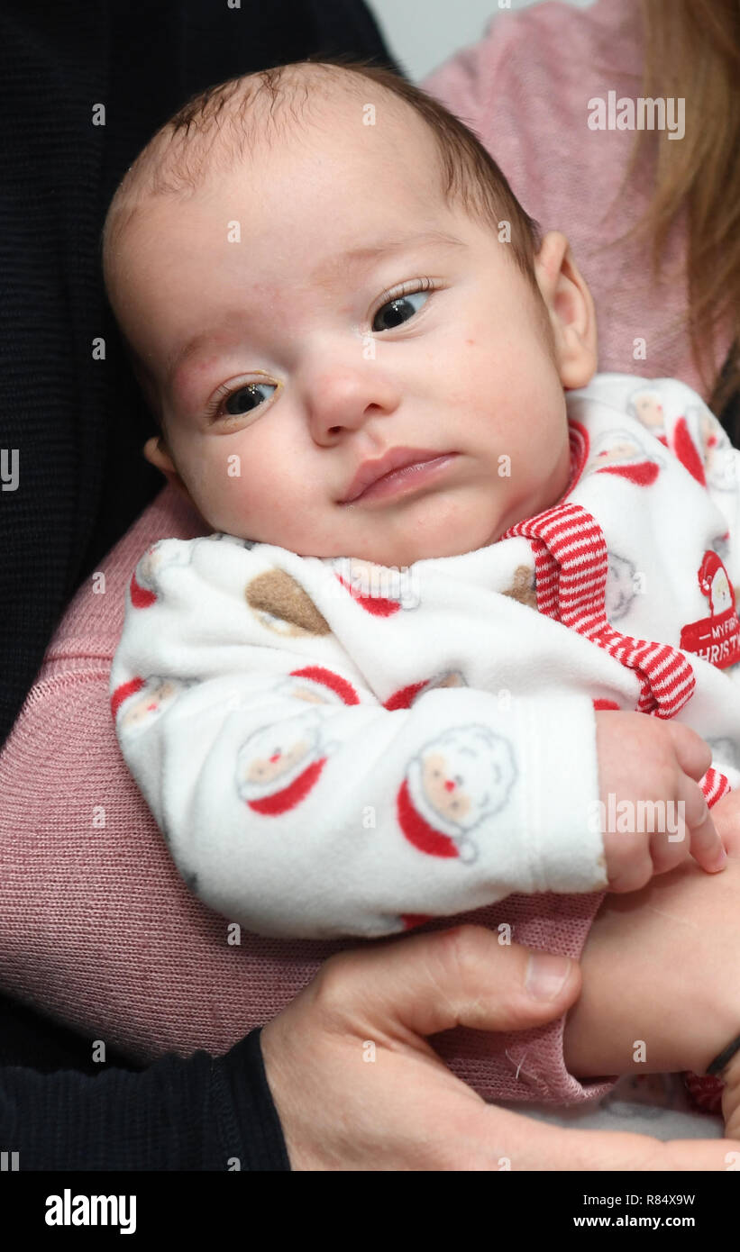 Deux mois Harvey James à son domicile dans la région de Cambourne, Cambridgeshire. Banque D'Images