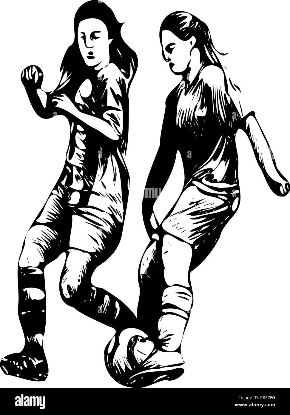 L'art vectoriel dynamique en noir et blanc met en valeur deux femmes farouchement stimulantes pour le football, une représentation puissante des prouesses du football féminin. Illustration de Vecteur