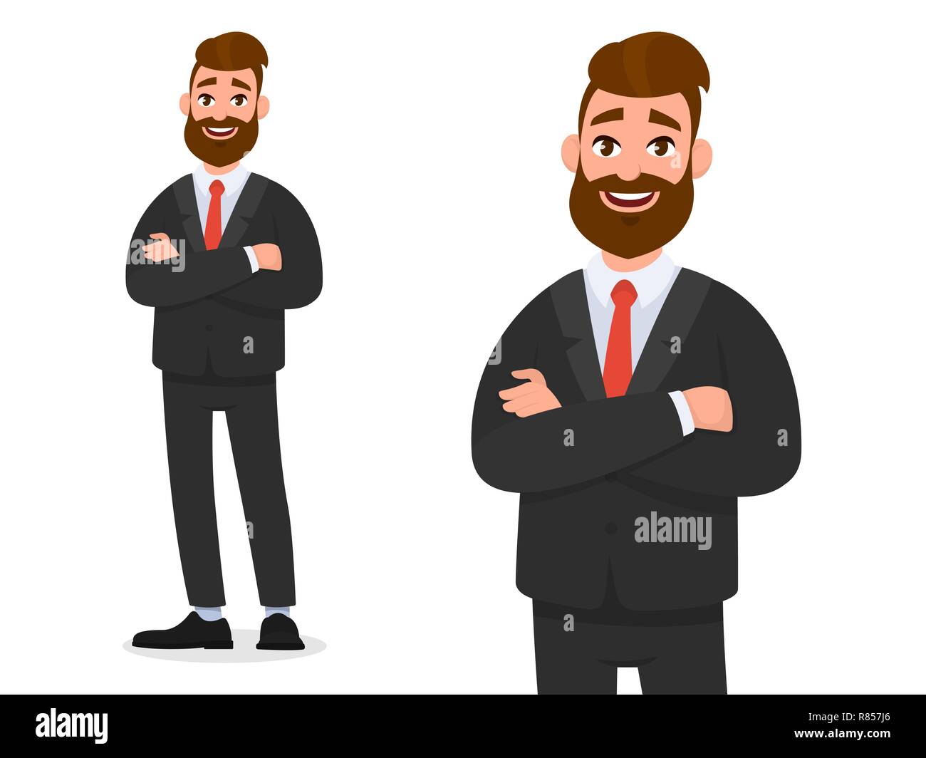 Smiling confident businessman en noir tenue de cérémonie avec les bras croisés isolé en fond blanc portrait et plein écran. L'émotion et le langage du corps co Illustration de Vecteur