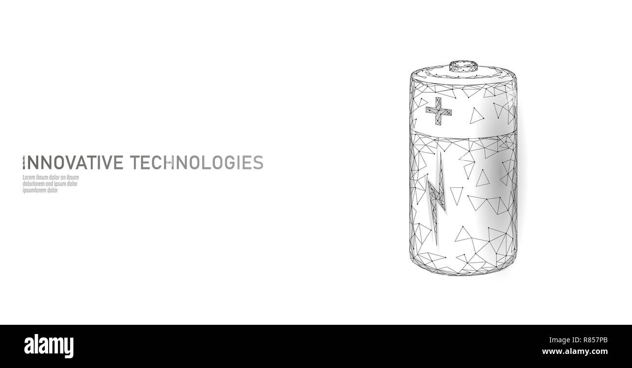 Entièrement chargée batterie alcaline polygonales. Stockage de l'énergie électrique d'alimentation d'alimentation rechargeable. Gris neutre blanc polygone poly faible espace particules ciel noir industrie technologie concept vector illustration Illustration de Vecteur