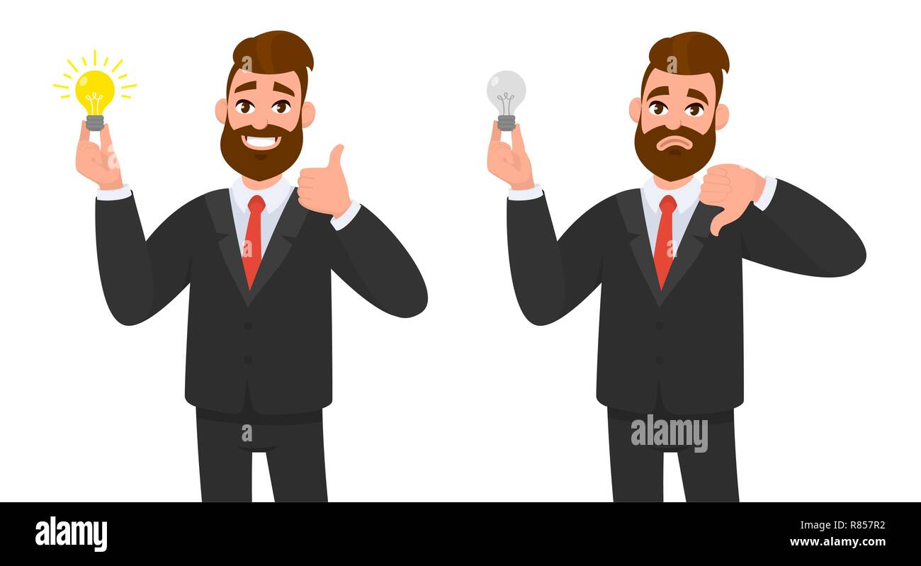 Homme d'affaires heureux montrant le pouce et tenant une ampoule brillante. Un homme d'affaires mécontent qui montre les pouces et tient l'ampoule. Illustration vectorielle dans la bande dessinée Illustration de Vecteur