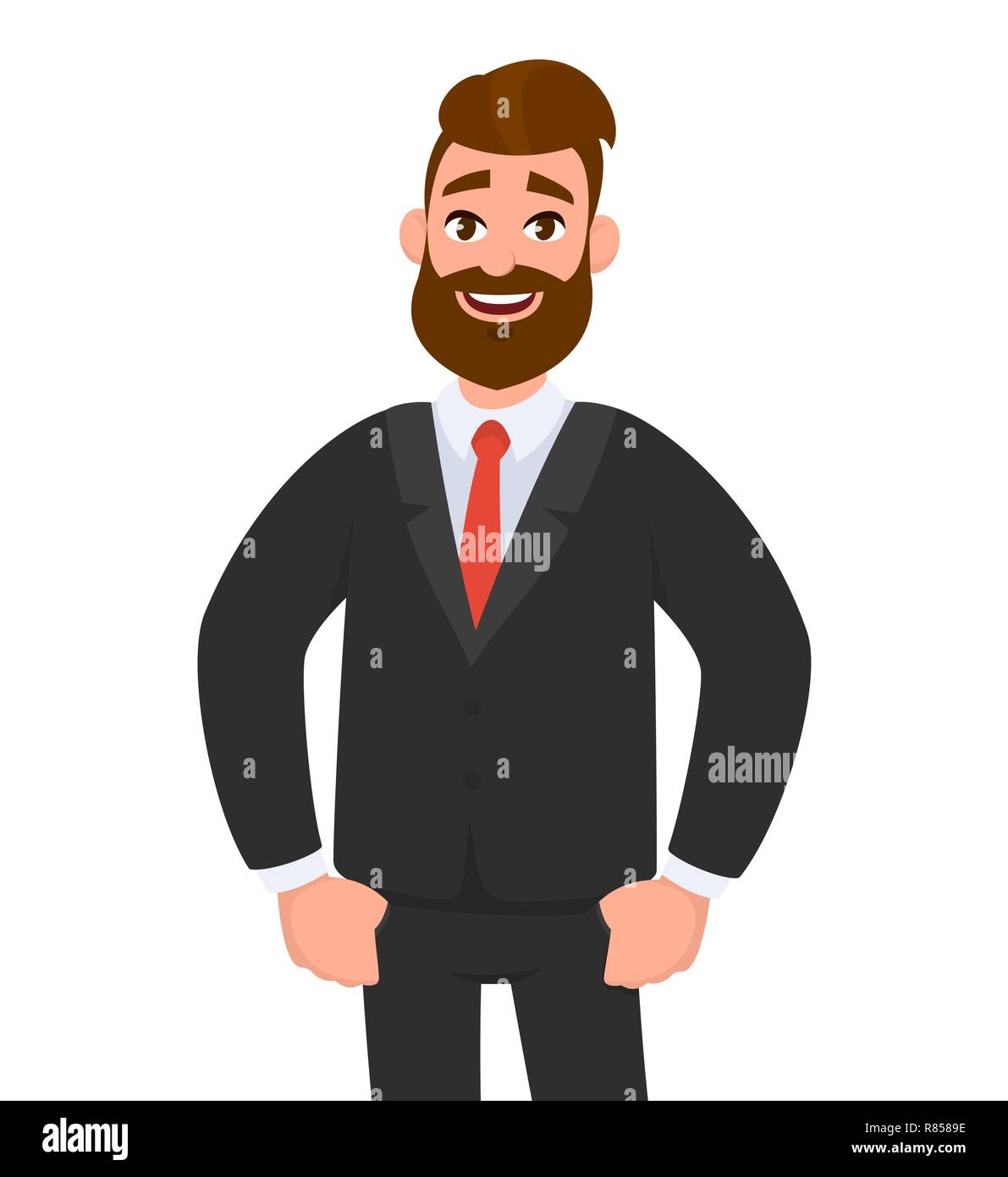 Homme d'affaires heureux et confiant, souriant et pouce à l'intérieur du pantalon ou de la poche à pantalon, portant un costume et une cravate habillée noirs. Illustration de Vecteur
