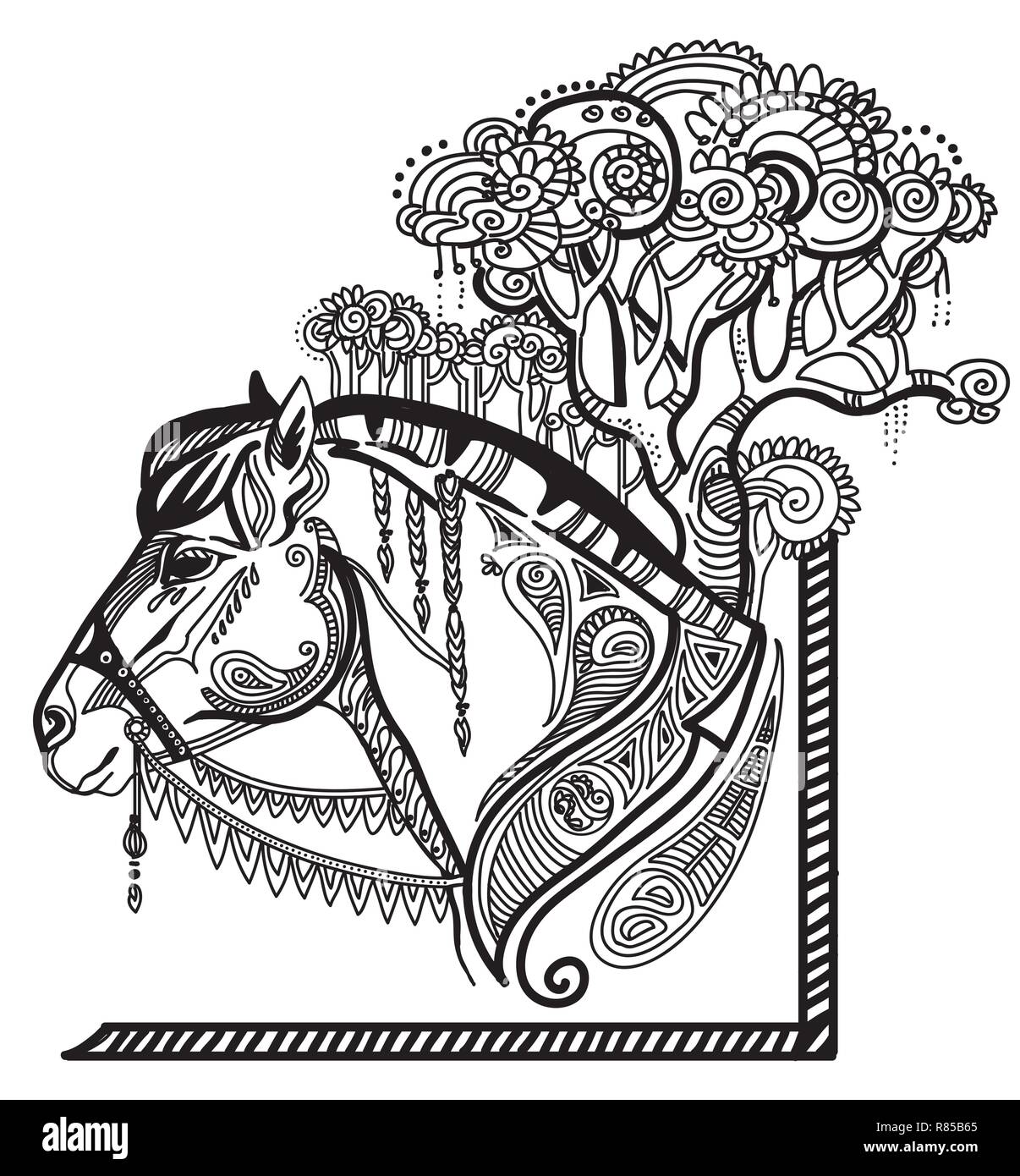 Vector illustration dessin main zentangle horse en couleur noir isolé sur fond blanc. Illustration avec le cheval Doodle de l'installation. La coloration Illustration de Vecteur