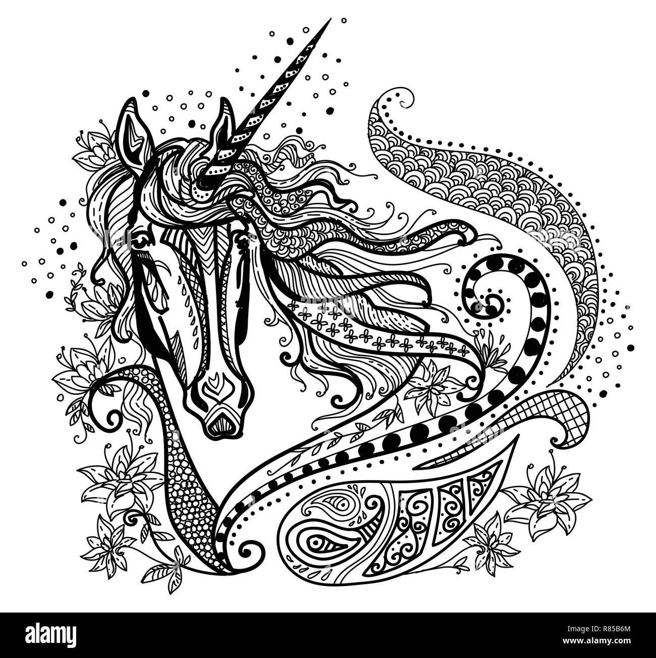 Vector illustration dessin main zentangle licorne en couleur noir isolé sur fond blanc. Unicorn doodle avec illustration de l'installation. Color Illustration de Vecteur