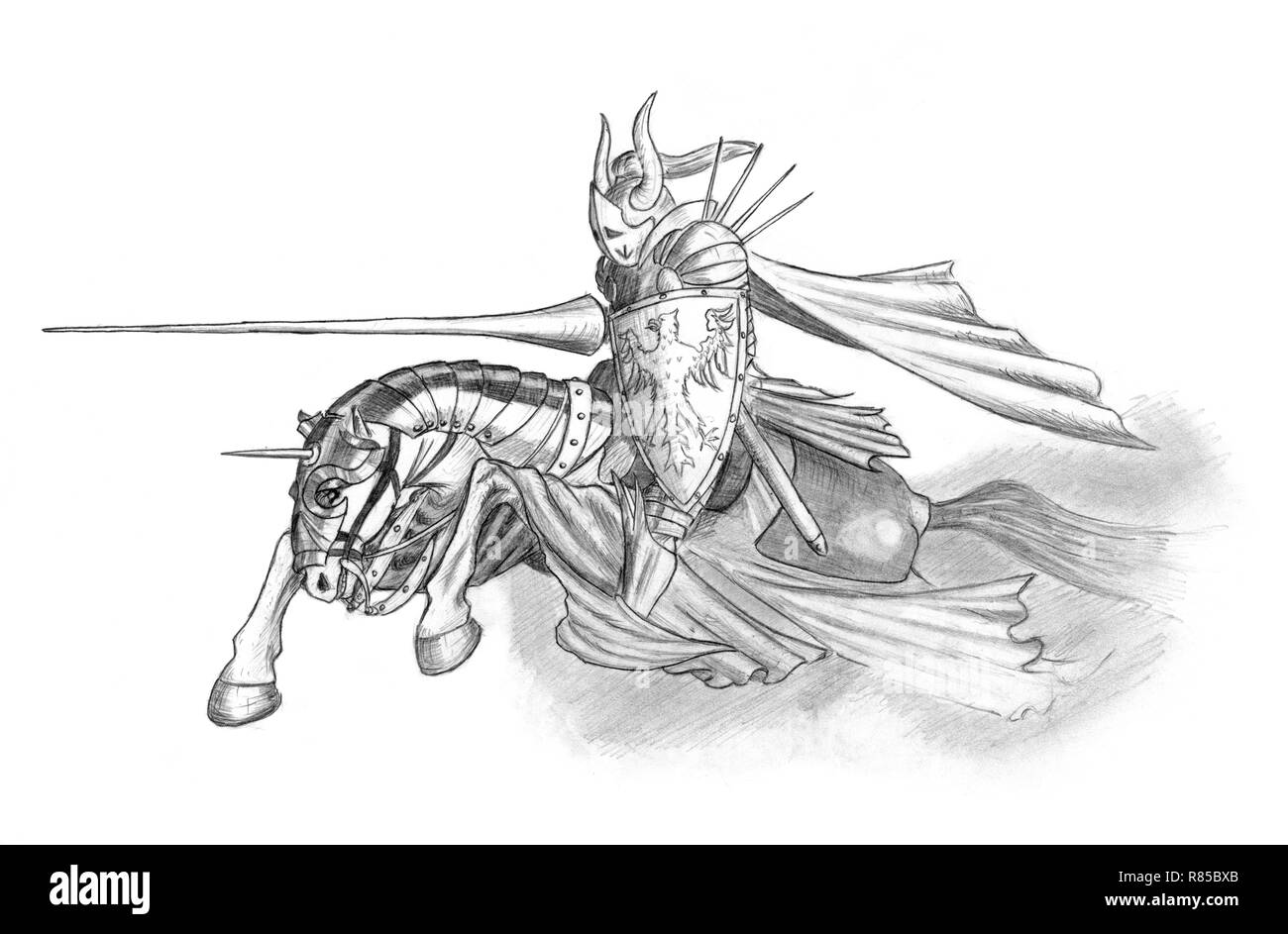 Dessin au crayon de fantaisie médiévale ou équitation Chevalier à cheval avec Lance Banque D'Images