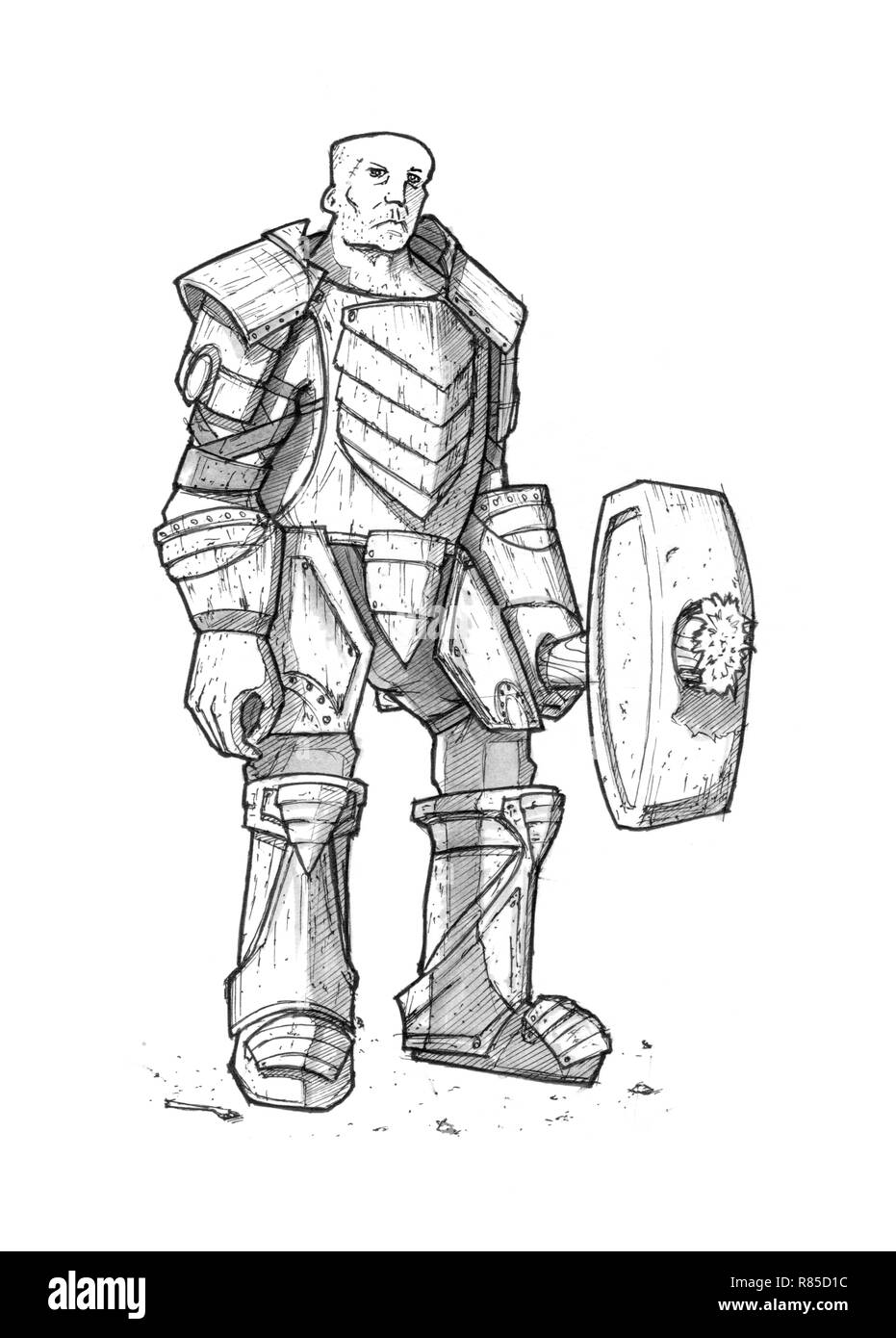 Dessin à l'encre noire de Fantasy Warrior chevalier en armure avec un marteau ou maillet Banque D'Images