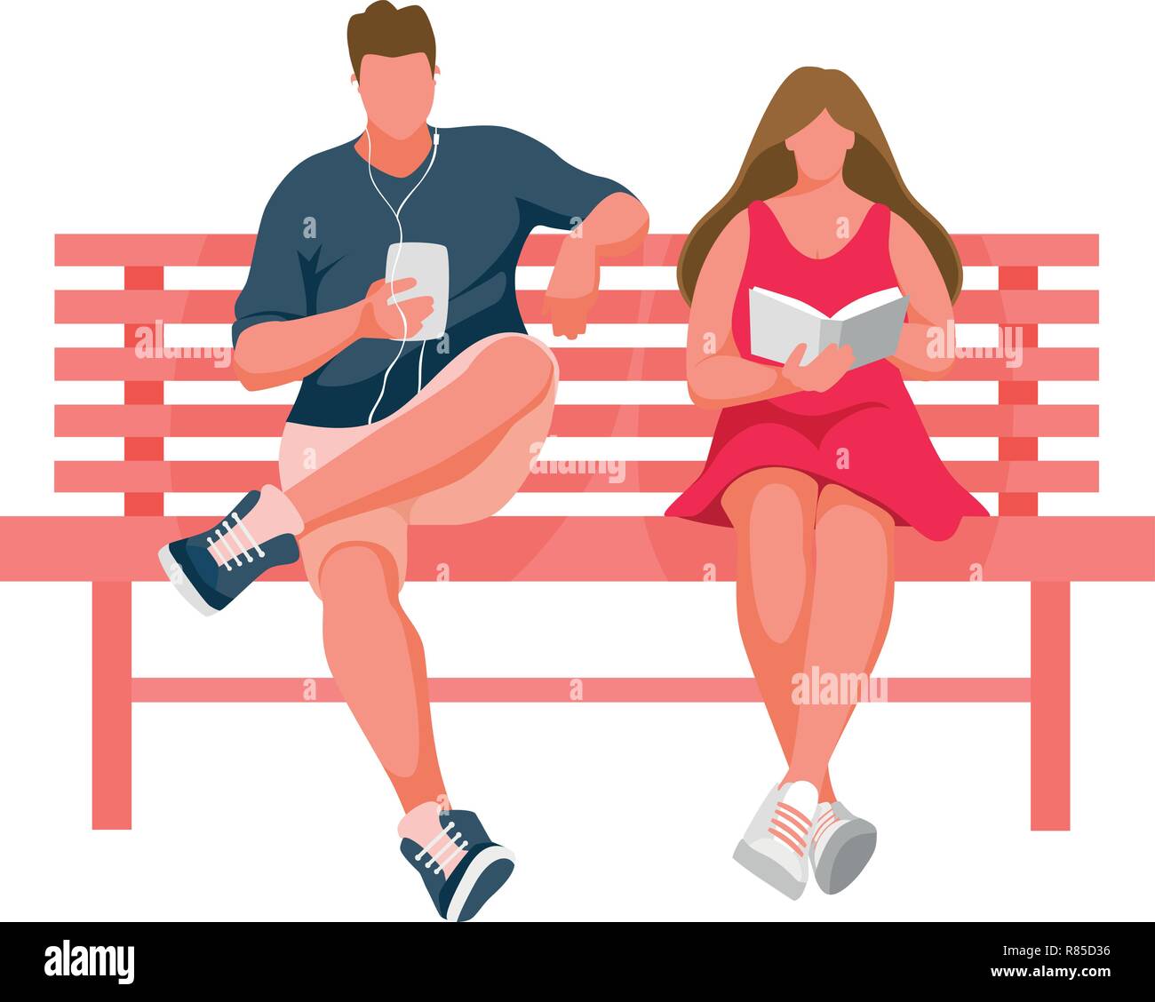 L'homme et la jeune fille assise sur un banc. L'homme à l'écoute de la musique. Girl reading book. Vector Illustration Illustration de Vecteur