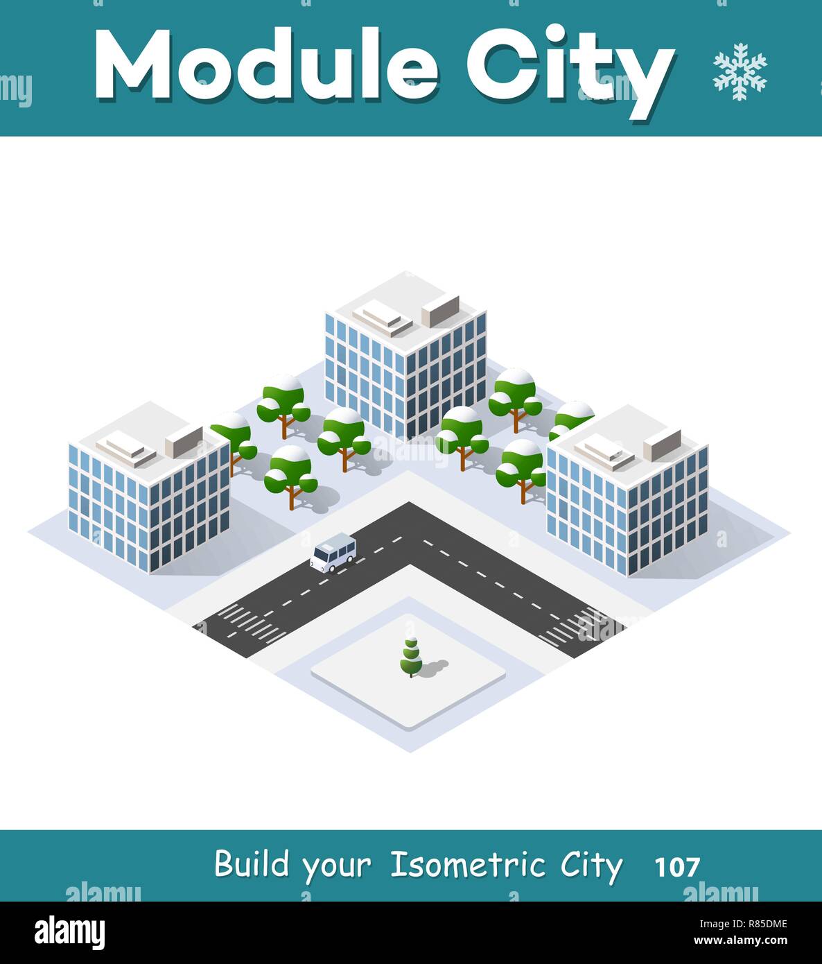 Noël Nouvel An maison en 3d dans la forêt d'hiver. Ville isométrique des capacités dans la région du paysage. Quartier urbain en trois dimensions avec des rues un Illustration de Vecteur
