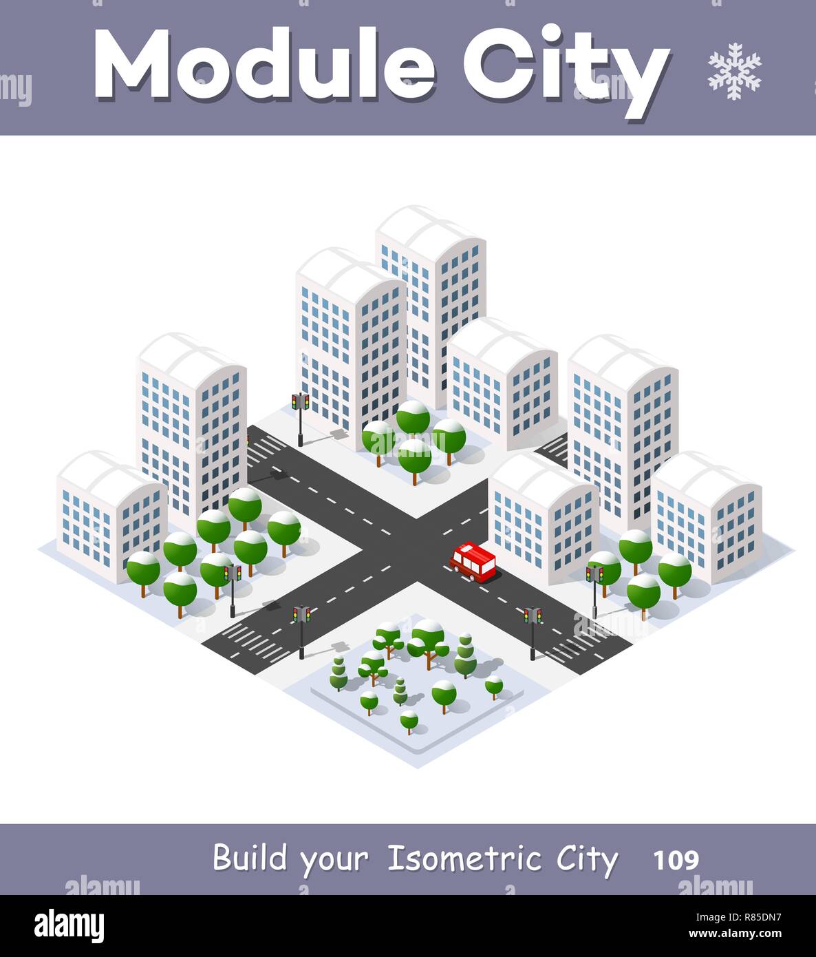 Noël Nouvel An maison en 3d dans la forêt d'hiver. Ville isométrique des capacités dans la région du paysage. Quartier urbain en trois dimensions avec des rues un Illustration de Vecteur