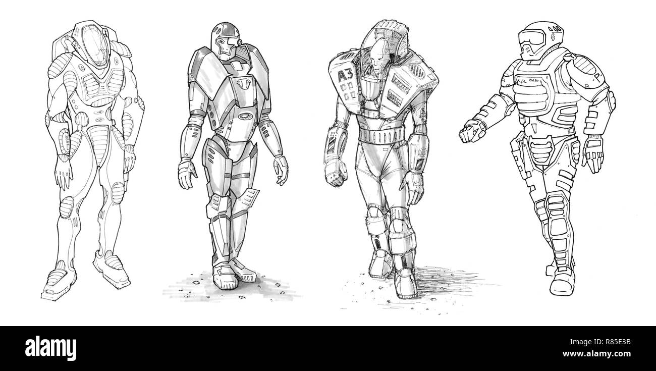 Ensemble de dessins à l'encre de divers personnages en costume Sci-fi Banque D'Images