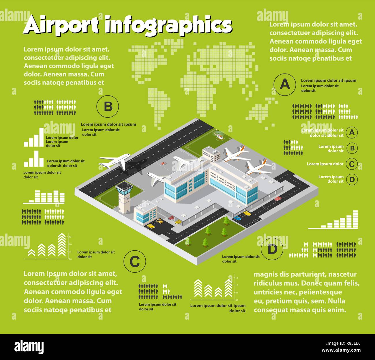 Aéroport isométrique, air travel infographic avec des éléments de conception graphique des terminaux de transport. Concept statistique transport modèle avec icônes, cha Illustration de Vecteur