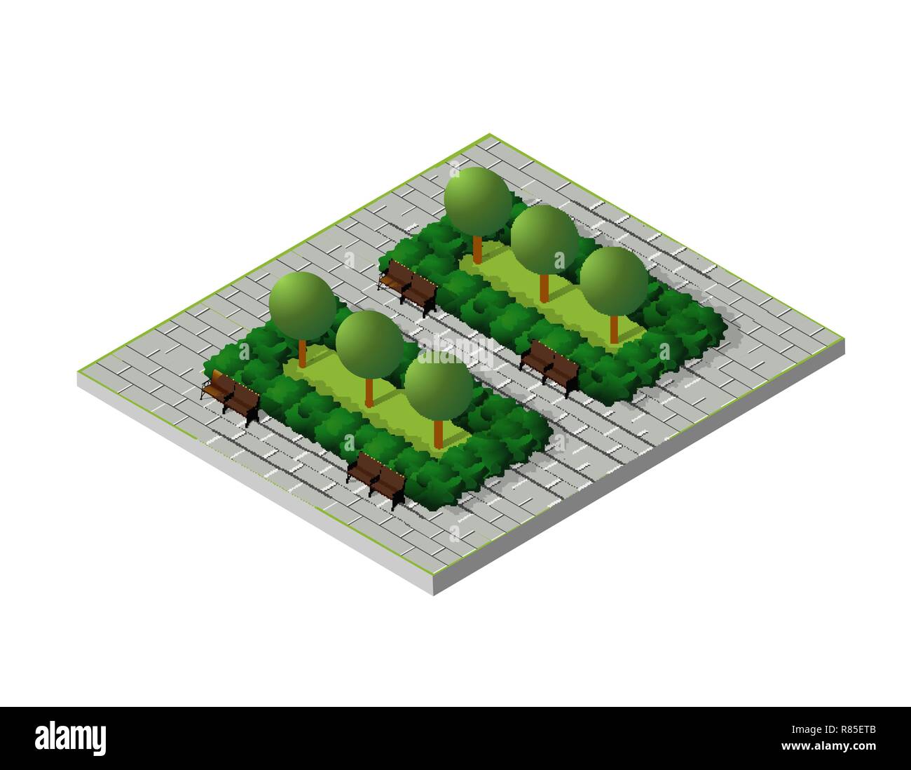 Bâtiments isométriques City Park de meubles. Jardin parc concept avec  arbre, banc et trottoir en télévision 3D de style en trois dimensions.  Vector illustration Image Vectorielle Stock - Alamy