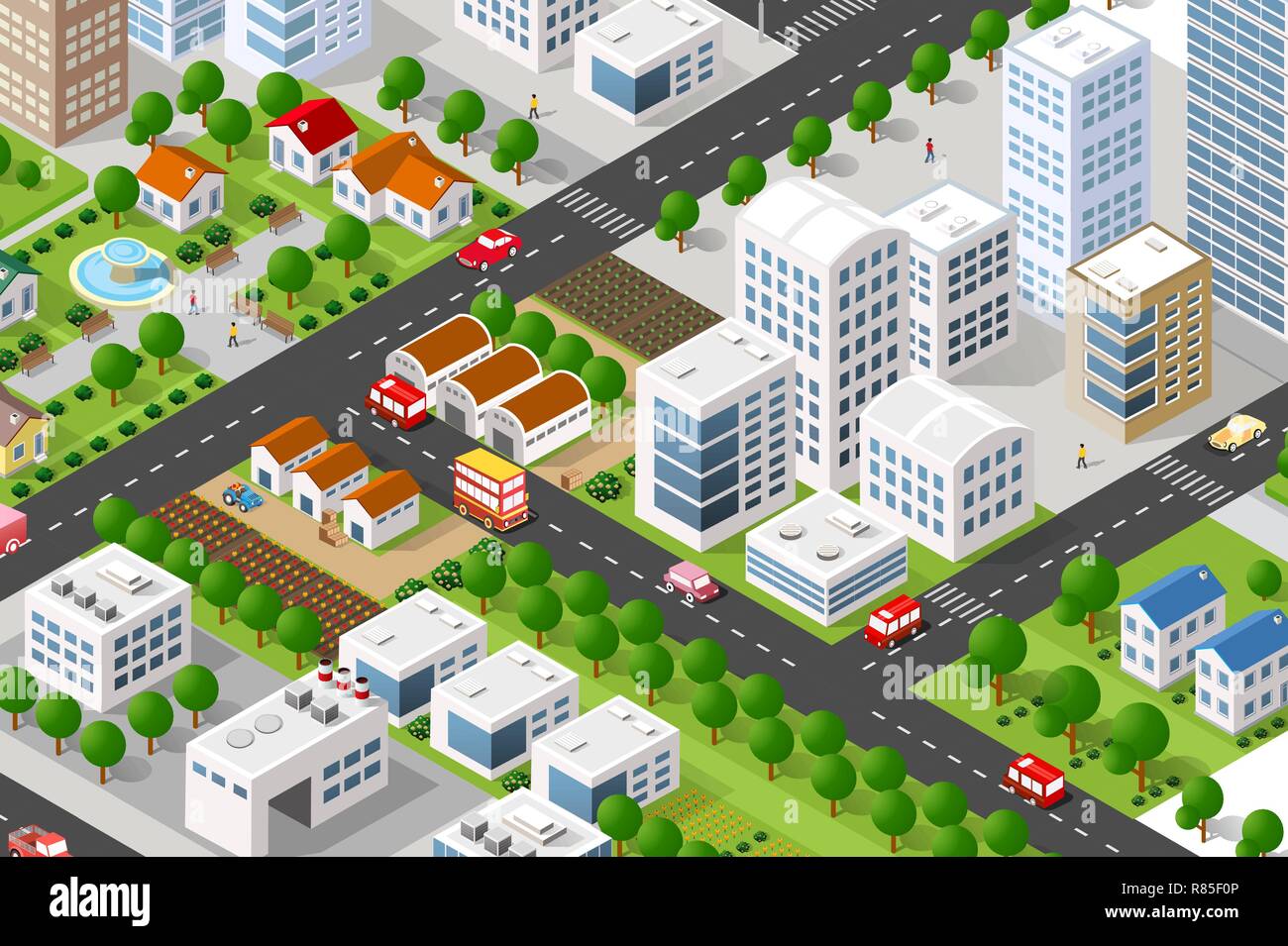 3D isométrique bâtiment ville concept vert municipal, privé de l'immobilier. Accueil collection hotel, jardins, architecture paysage urbain. Les bâtiments de l'arbre vert Illustration de Vecteur