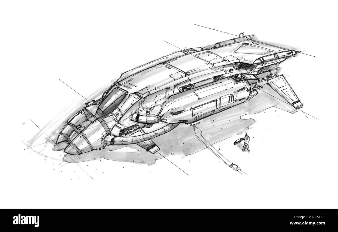 Concept d'encre Dessin Art de vaisseau futuriste Banque D'Images