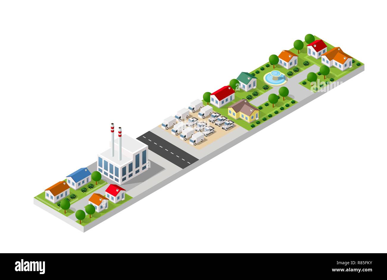 Paysage en 3D isométrique d'une petite ville avec des maisons et des rues avec des arbres Illustration de Vecteur