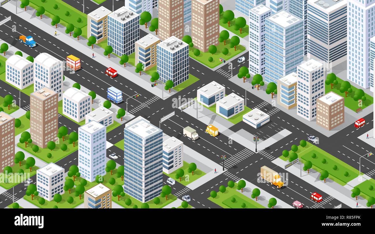 Illustration 3D isométrique de la zone urbaine de la ville avec beaucoup de maisons et gratte-ciel, les rues, les arbres et les véhicules Illustration de Vecteur