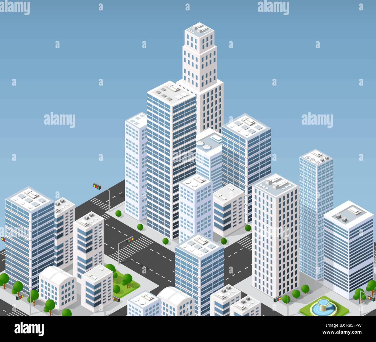 Illustration 3D isométrique de la zone urbaine de la ville avec beaucoup de maisons et gratte-ciel, les rues, les arbres et les véhicules Illustration de Vecteur