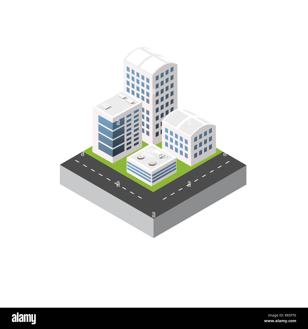 L'icône 3D isométrique de la zone urbaine de la ville avec beaucoup de maisons et gratte-ciel, les rues, les arbres et les véhicules Illustration de Vecteur