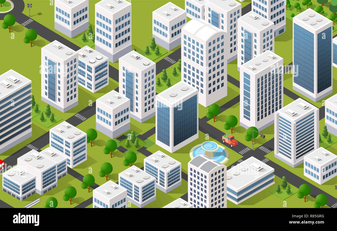 3D isométrique ville metropolis trimestre avec des rues, des gratte-ciel, arbres et maisons. Paysage urbain Vue de dessus Illustration de Vecteur
