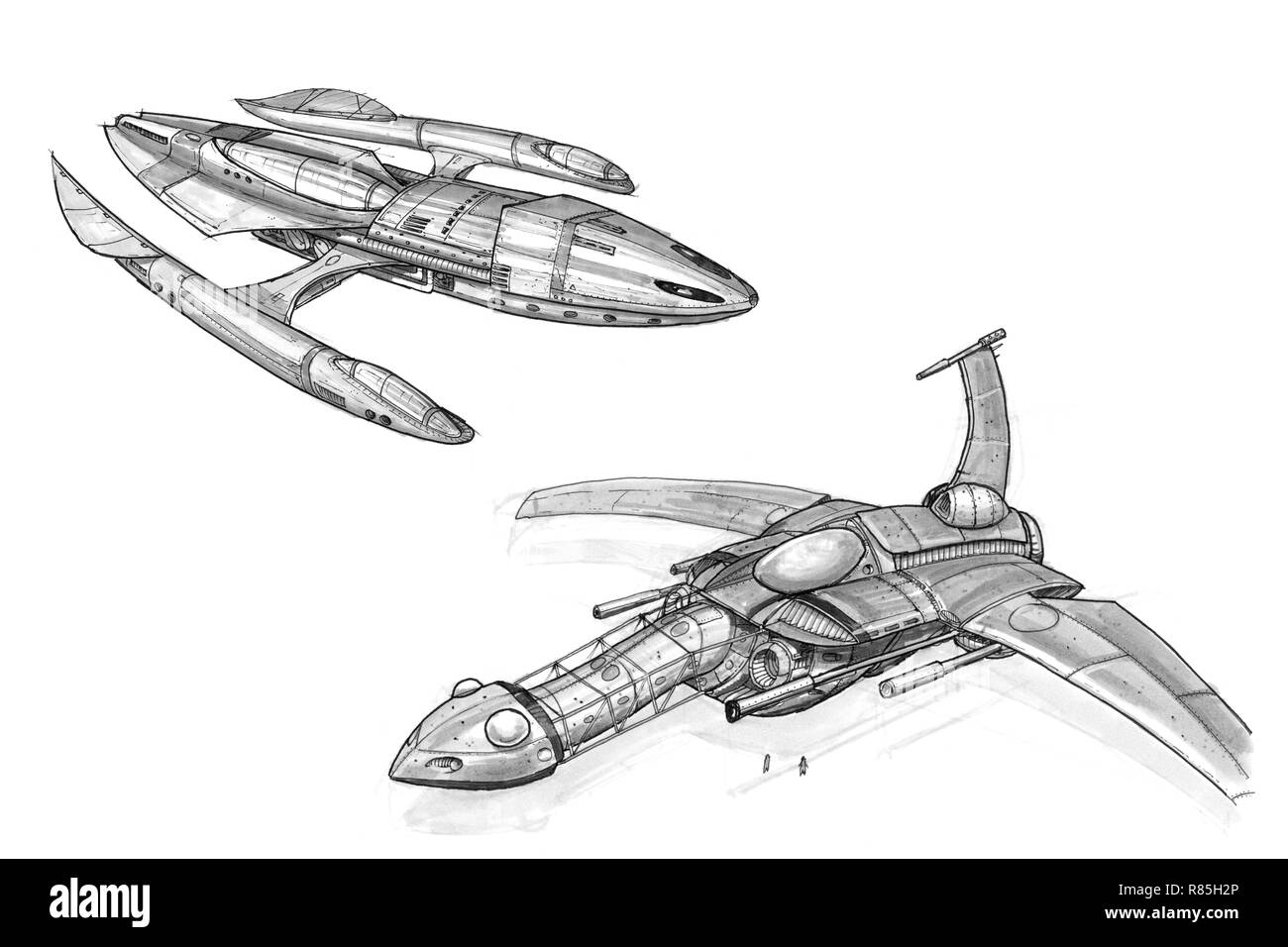 Concept Art d'encre Dessin de deux vaisseaux futuristes ou vaisseaux spatiaux Banque D'Images