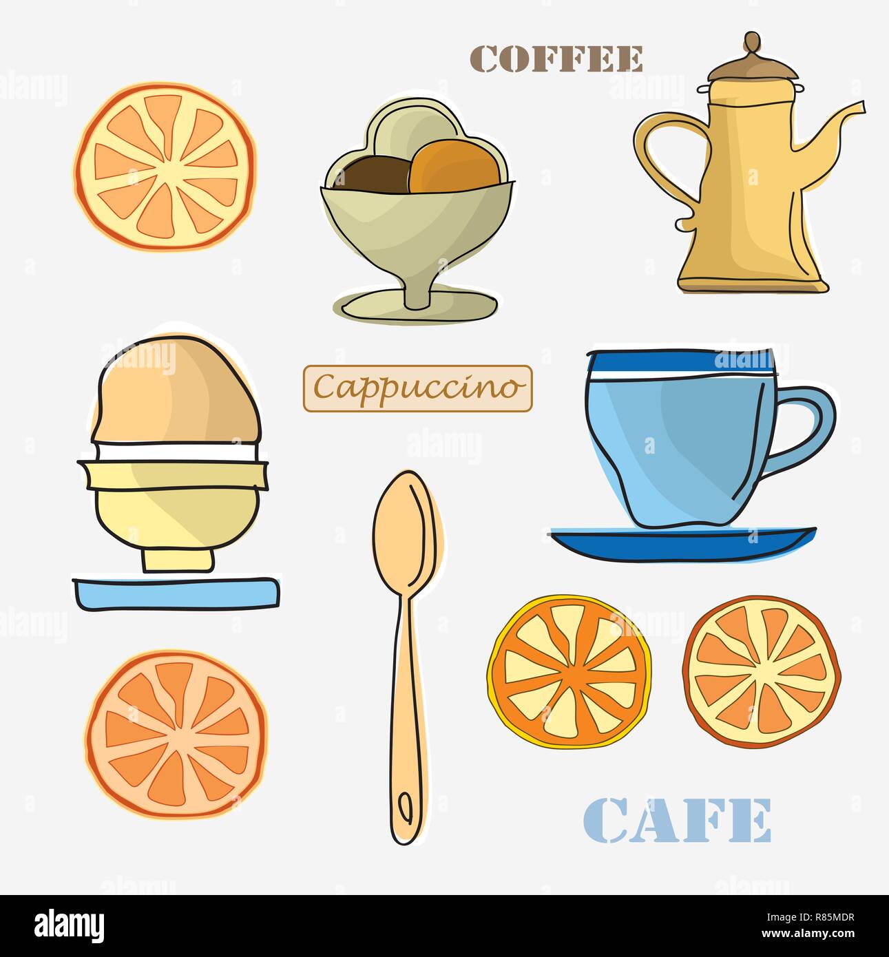 Ensemble d'éléments de menu comme un pot de café, d'oeufs, citron, cuillères, tasses. Clipart pour conception de carte conception et la présentation Illustration de Vecteur