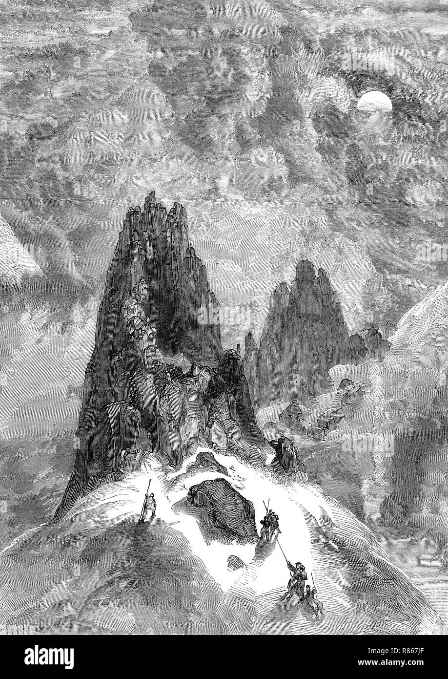 L'amélioration de la reproduction numérique, grimper sur la montagne Montblanc, France, Bergsteiger suis Montblanc, Frankreich, à partir d'un tirage original de l'année 1855 Banque D'Images