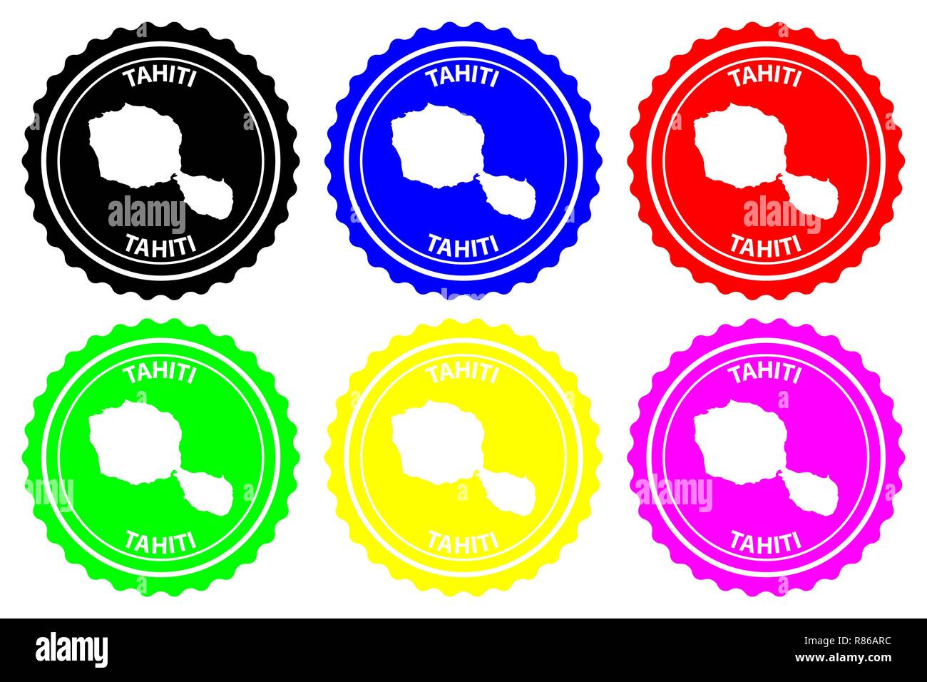 Tahiti - rubber stamp - vecteur, Tahiti carte - sticker - noir, bleu, vert, jaune, violet et rouge Illustration de Vecteur