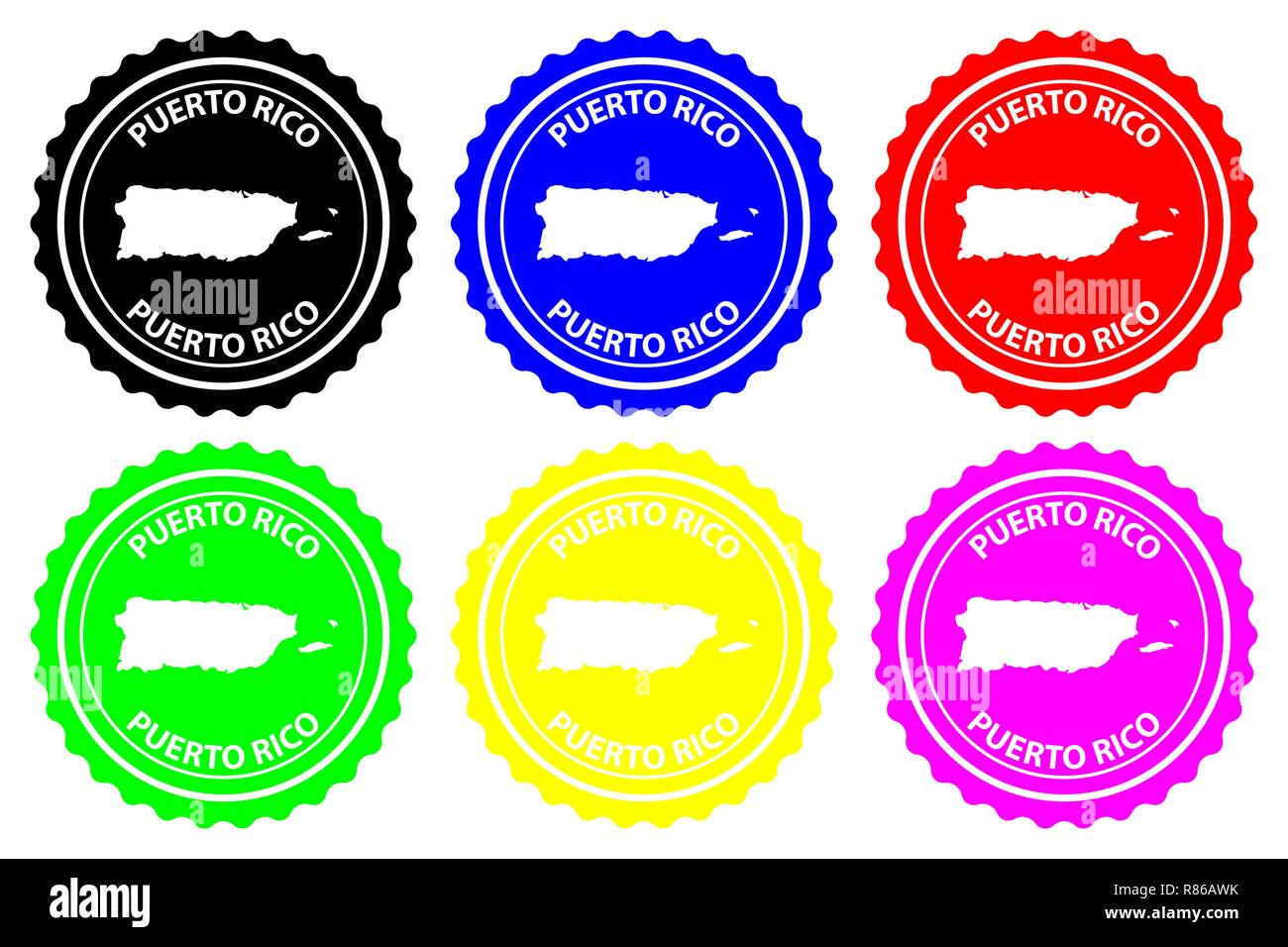 Puerto Rico (Porto Rico) - timbres en caoutchouc - vecteur, Commonwealth de Puerto Rico island carte - sticker - noir, bleu, vert, jaune, violet et re Illustration de Vecteur
