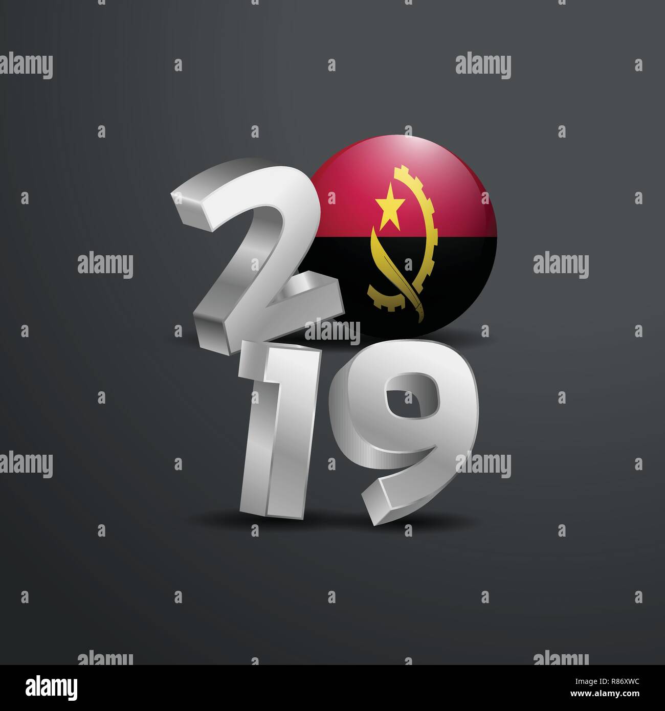 Gris 2019 typographie avec drapeau de l'Angola. Bonne Année le lettrage Illustration de Vecteur