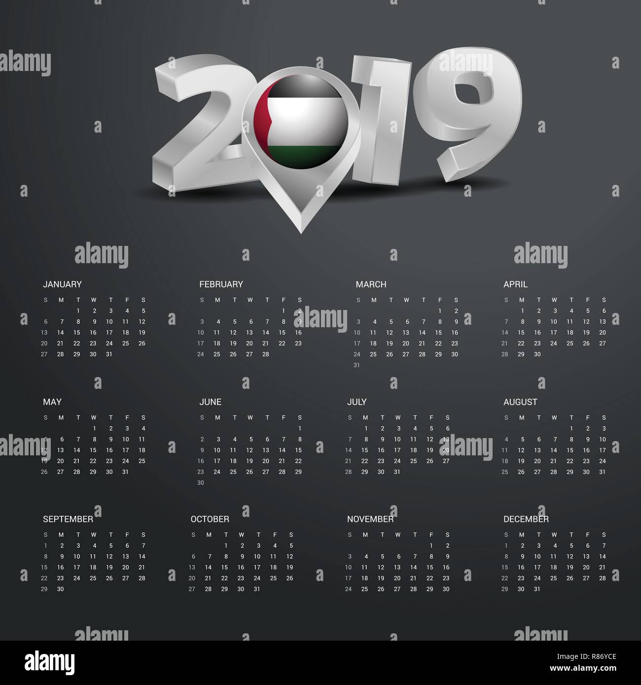 2019 Modèle de calendrier. Typographie gris avec la Palestine Carte du pays d'en-tête Typographie d'Or Illustration de Vecteur