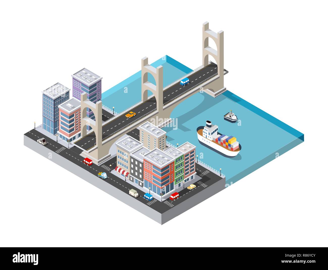 Boulevard de la ville avec un port avec un bateau de croisière et les navires de transport nautique sur la mer pour les vacances voyage tourisme illustration. Ensemble d'isométriques t Illustration de Vecteur