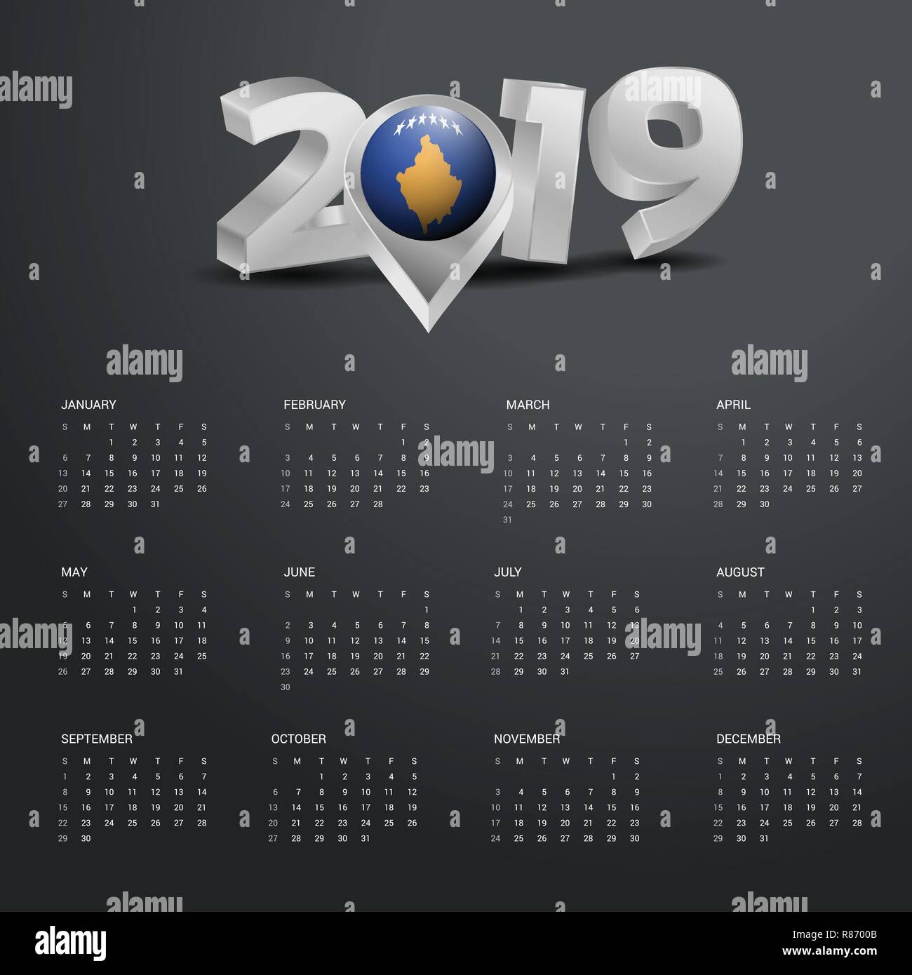 2019 Modèle de calendrier. Typographie gris avec le Kosovo Carte du pays d'en-tête Typographie d'Or Illustration de Vecteur