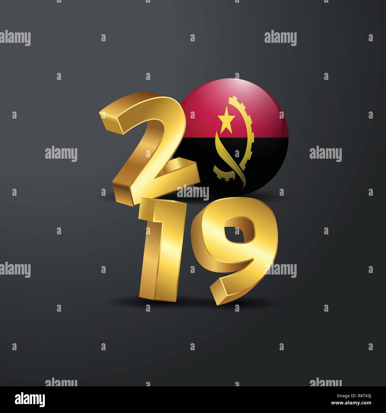 2019 Golden typographie avec drapeau de l'Angola. Bonne Année le lettrage Illustration de Vecteur