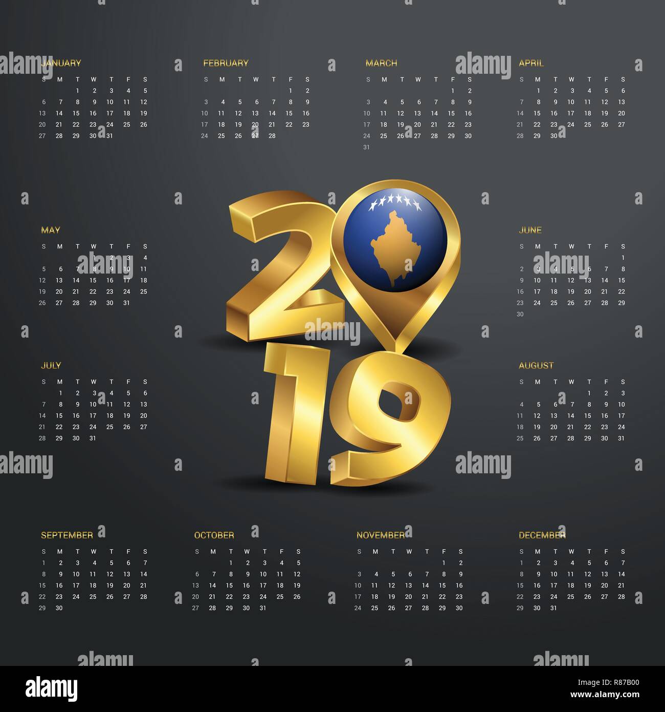 2019 Modèle de calendrier. Typographie d'or avec le Kosovo Carte du pays d'en-tête Typographie d'Or Illustration de Vecteur