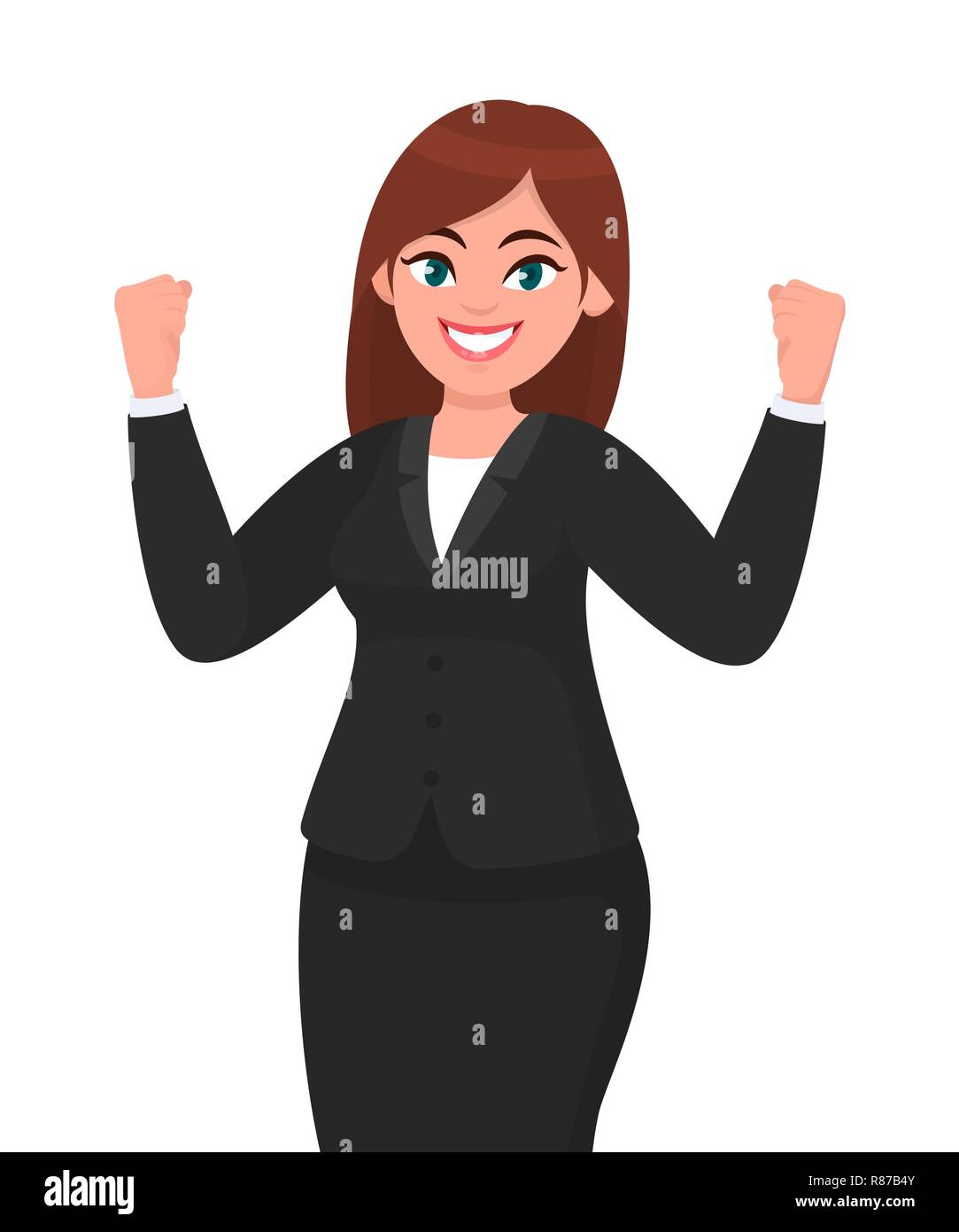 Happy businesswoman showing ou élever ses poings exprimant succès geste. La femme d'émotion et le langage du corps concept illustration dans la caricature Illustration de Vecteur