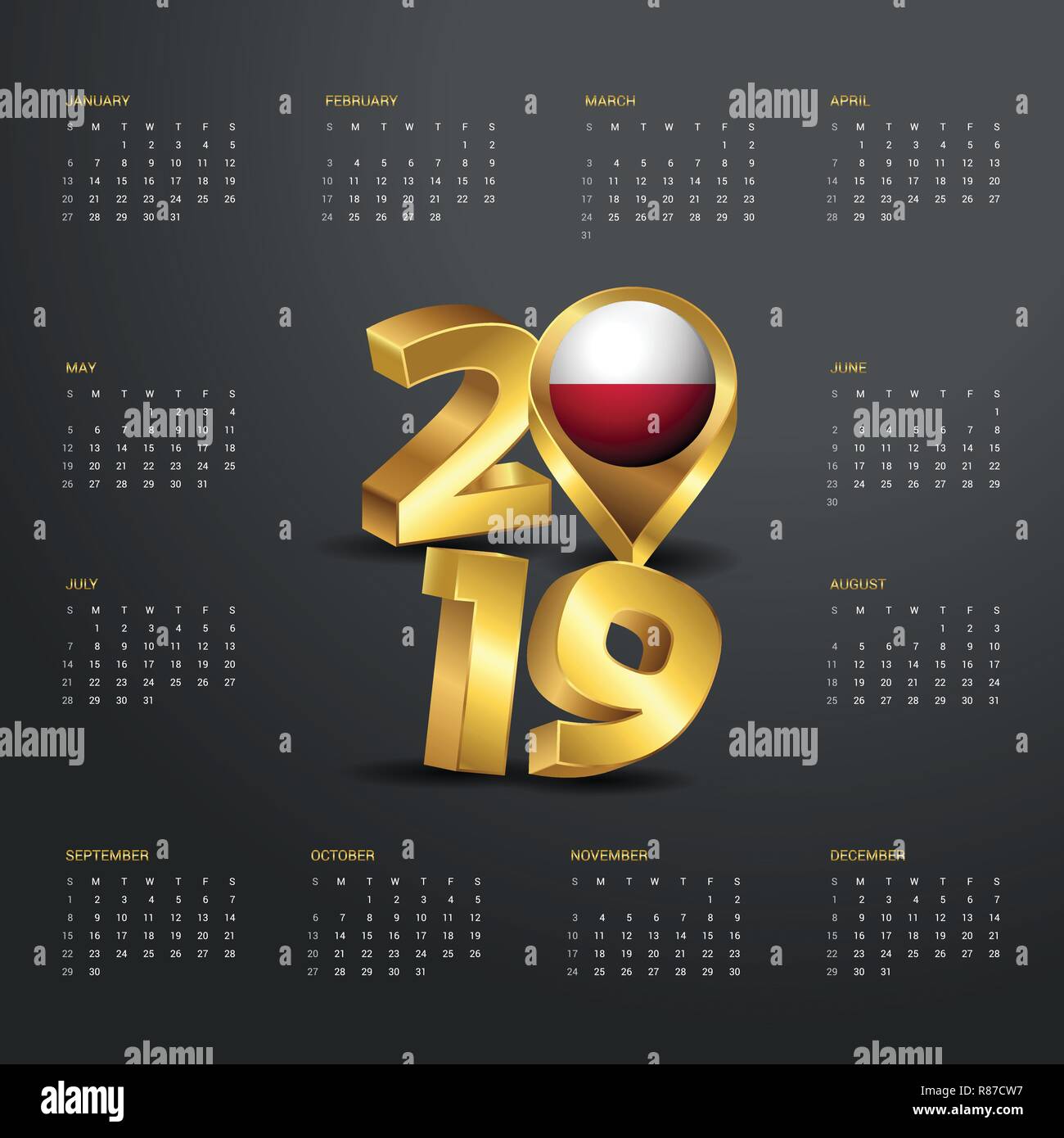 2019 Modèle de calendrier. Typographie d'or avec la Pologne Carte du pays d'en-tête Typographie d'Or Illustration de Vecteur