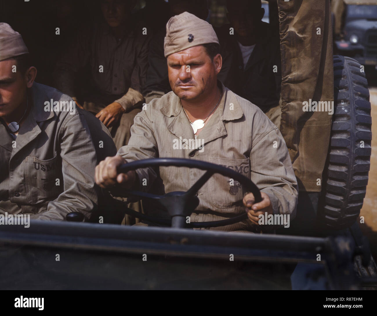 Chauffeur de camion Marine, Marine Corps Air Station New River, Jacksonville, Caroline du Nord, USA, Alfred T. Palmer pour l'Office of War Information, Mai 1942 Banque D'Images