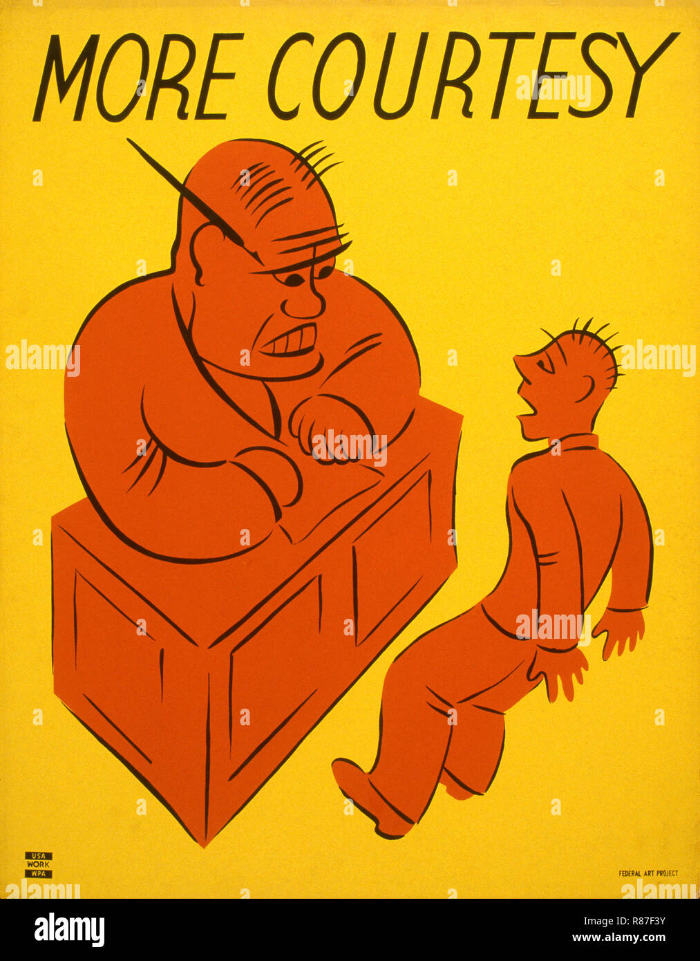 Travaux publics de l'Administration du projet Poster promouvoir de meilleures communications interpersonnelles en milieu de travail, montrant un homme en colère assis derrière un bureau et d'un se recroquevillant subordonné, 'plus' de courtoisie, New York Federal Art Project, fin des années 30 Banque D'Images