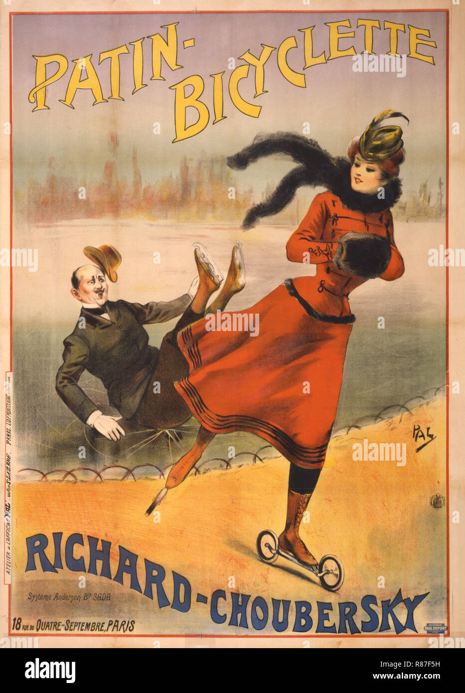 Affiche publicitaire de patin Vélo Patins Route inventé par Charles Choubersky Patin-Bicyclette Richard-Choubersky «,,', 1896 Banque D'Images