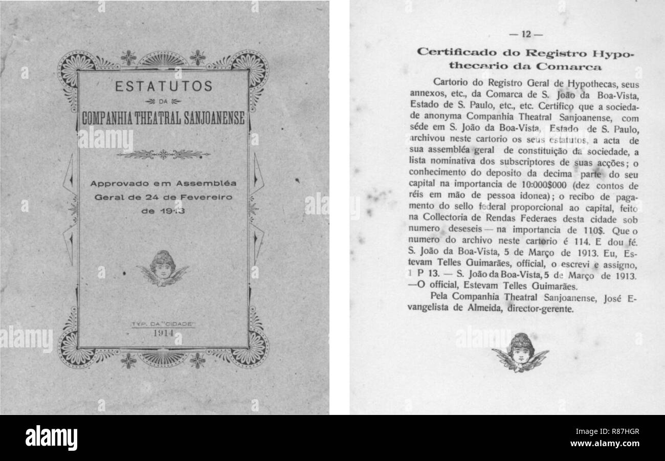 E Capa certificado n'Estatuto Companhia Theatral Sanjoanense. Banque D'Images