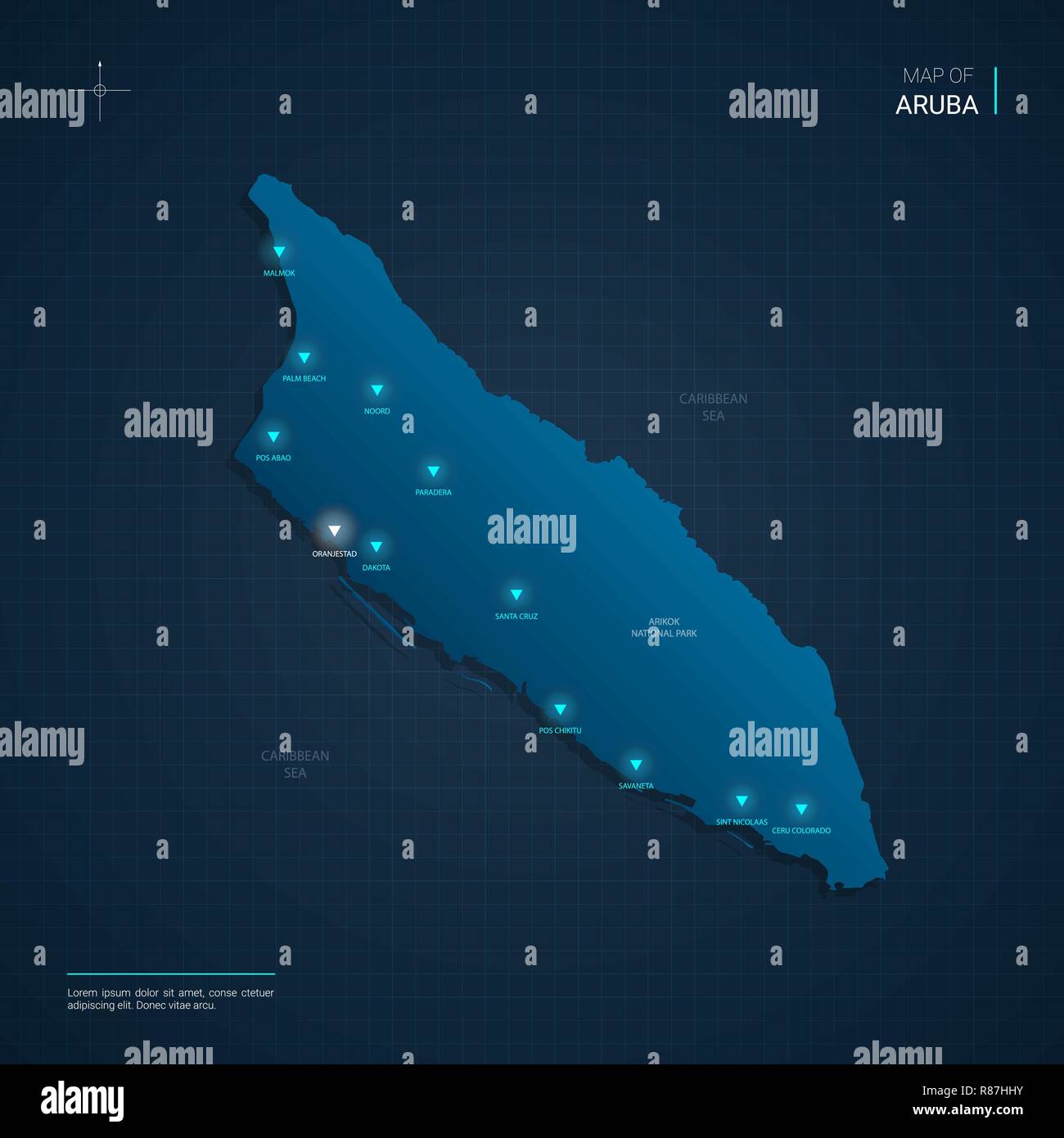 Vector illustration carte Aruba avec néon bleu lightpoints - triangle sur fond dégradé bleu foncé. Divisions administratives Illustration de Vecteur
