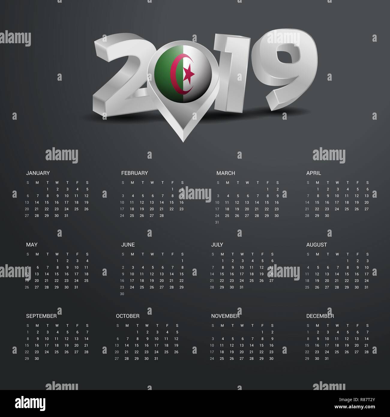 2019 Modèle de calendrier. Typographie gris avec Alegeria Carte du pays d'en-tête Typographie d'Or Illustration de Vecteur