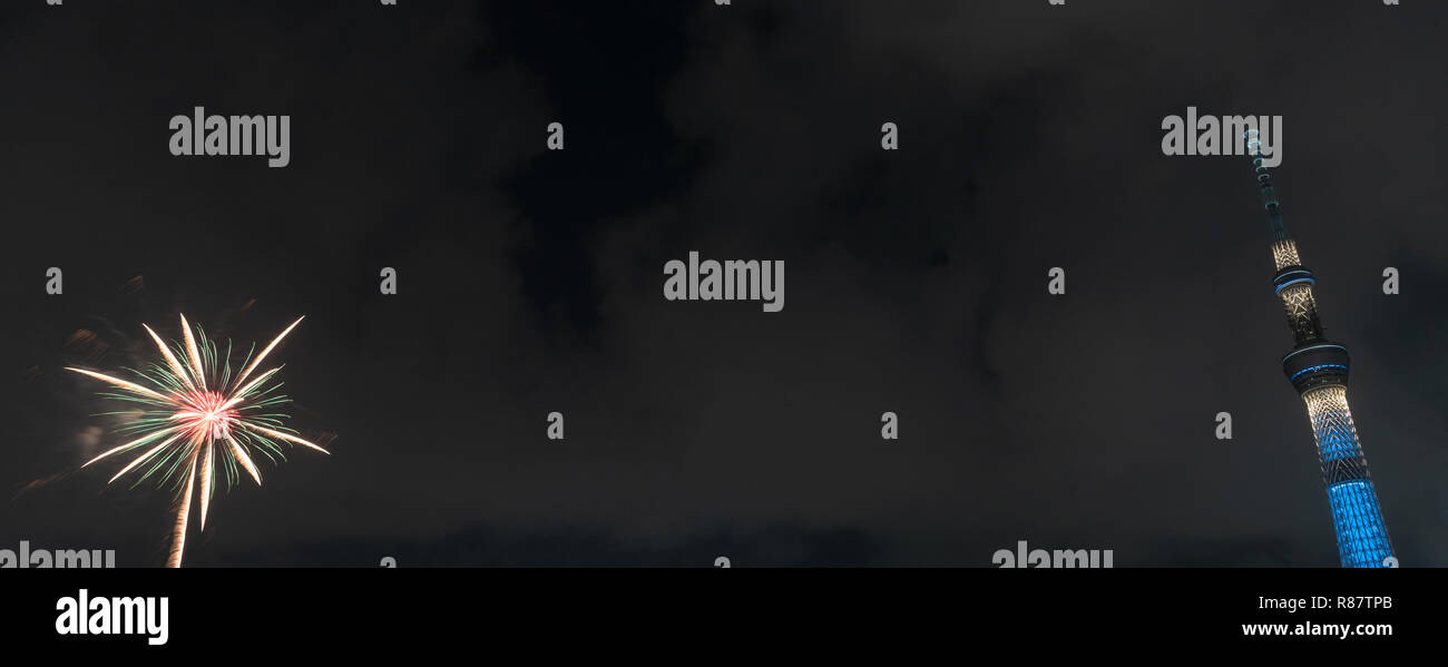 Tour Tokyo Skytree avec Fireworks at parc Sumida. Banque D'Images
